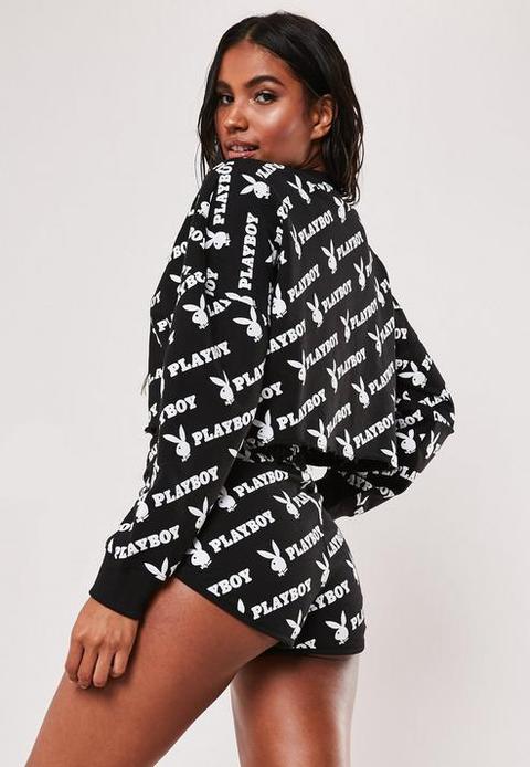 Playboy X Missguided Black All Over Repeat Runner Shorts, Black