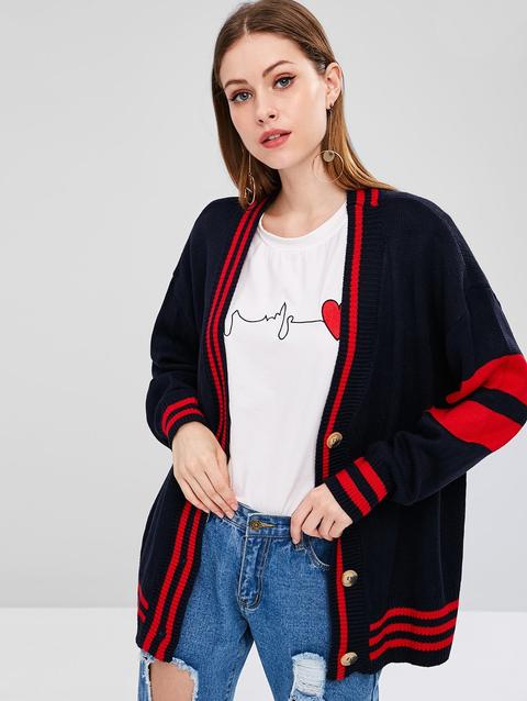 Cardigan Sciolto A Righe Con Bottoni Dark Slate Blue