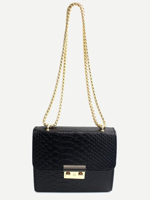 Bolso De Pu Con Relieve De Cocodrilo Y Cadena - Negro