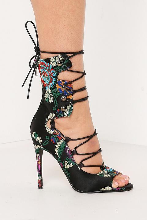 Black Lace Up Embroidered Peep Toe Heels