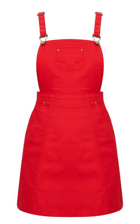 red denim dungaree dress