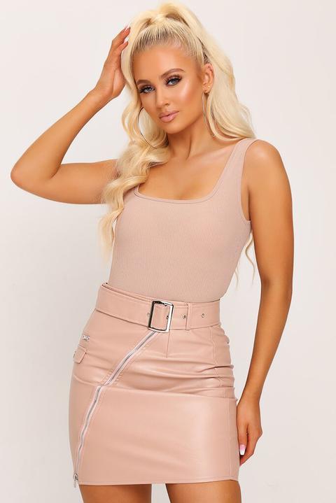 Nude Zip Front Belted Faux Leather Mini Skirt