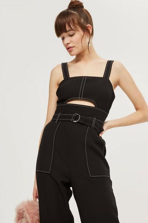 Womens Topstitch Belted Jumpsuit - Black, Black