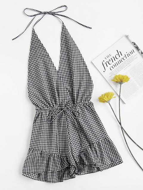 Gingham Print Surplice Drawstring Waist Frill Hem Romper