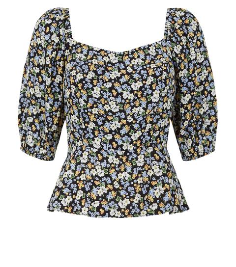 Black Ditsy Floral Square Neck Top New Look