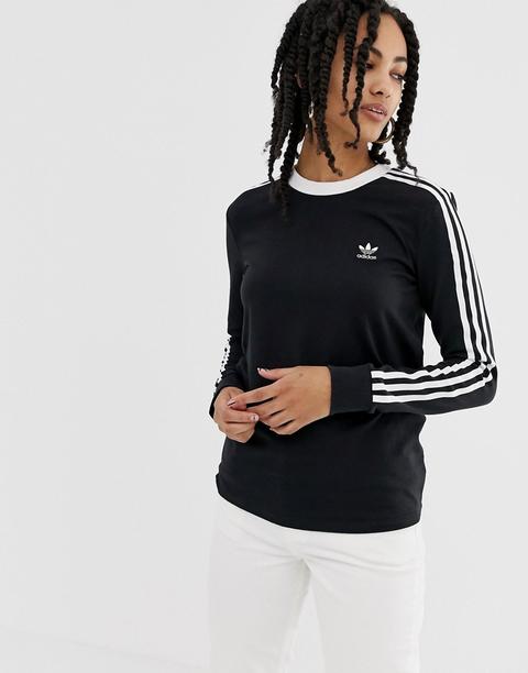 Camiseta De Manga Larga Negra Con Tres Rayas Adicolor De Adidas Originals-negro