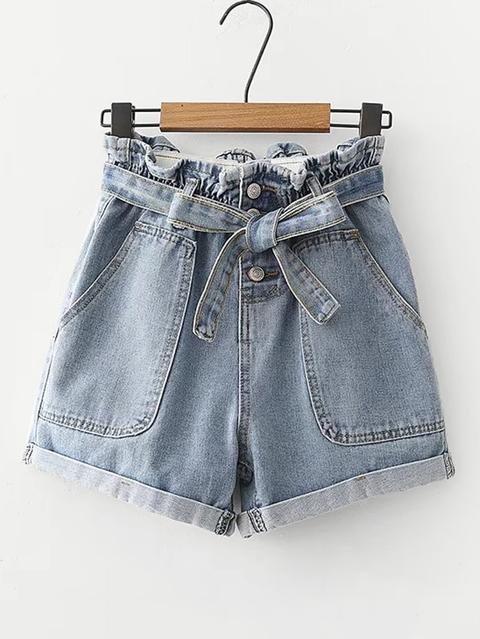 Self Tie Cuffed Denim Shorts