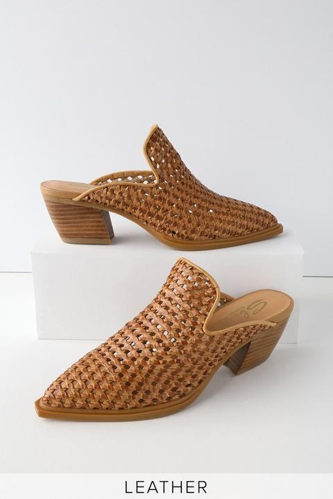 Mansion Tan Leather Woven Mules