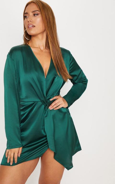 Plus Emerald Green Satin Long Sleeve Wrap Dress, Emerald Green