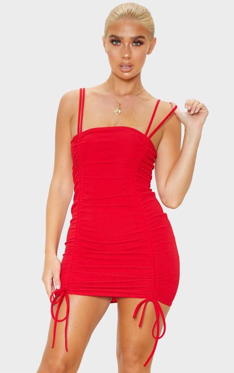 Red Ruched Front Strappy Bodycon Dress