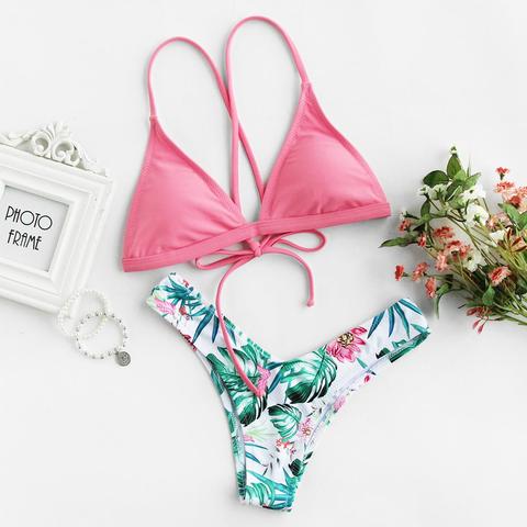 Set Biquini Con Estampado Tropical Y Cordón