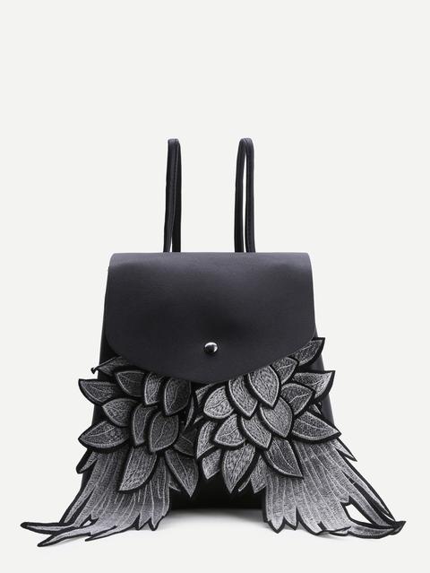 Black Wings Design Pu Flap Backpack
