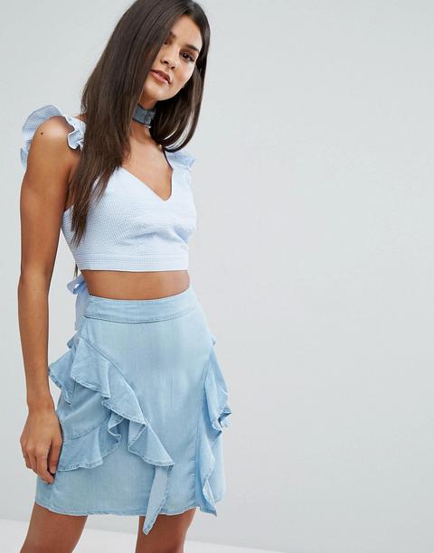 River Island Frill Sleeve Gingham Crop Top