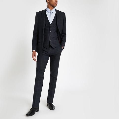 Navy Check Skinny Suit Trousers