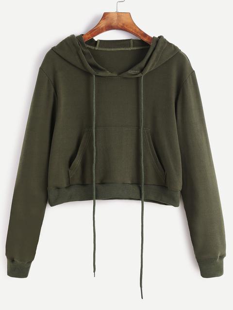 Sudadera Corta Con Capucha Y Bolsillo - Verde Militar