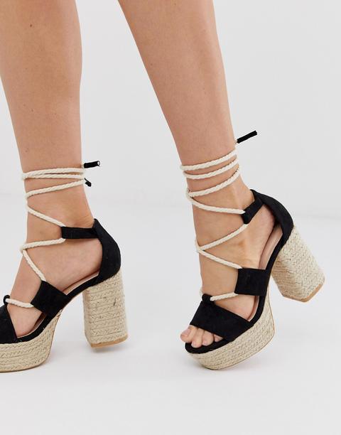 Lost Ink Lace Up Espadrille Platform Heeled Sandal In Black