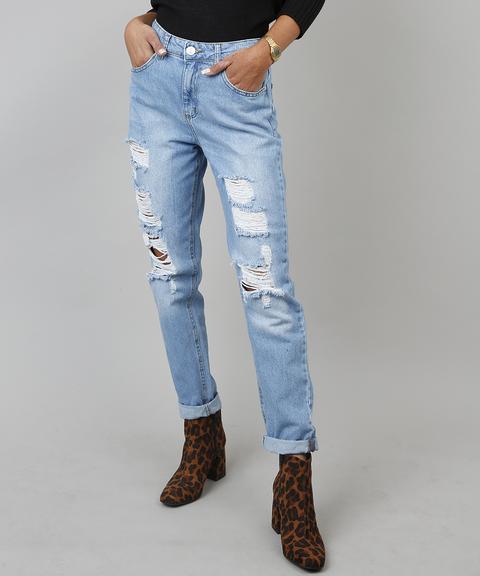 Calça Jeans Feminina Mom Destroyed Azul Claro