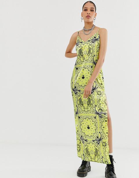 New Girl Order Maxi Satin Slip Dress In Mixed Zodiac Print-yellow