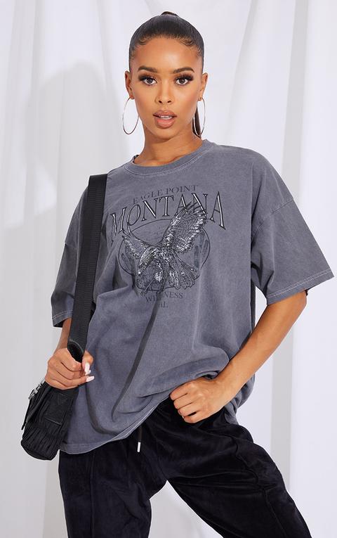 Charcoal Montana Logo Oversized Washed T Shirt