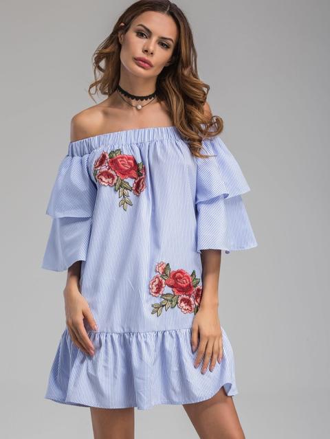 Bardot Neckline Striped Flower Patches Frill Dress