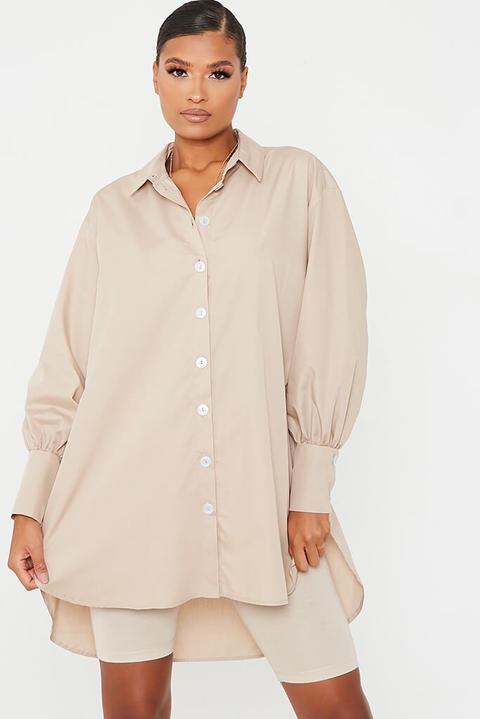 Stone Woven Oversized Dip Hem Shirt Dress , Beige