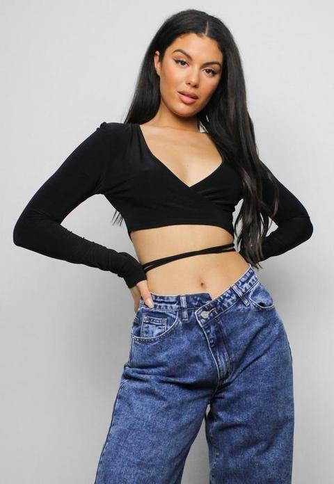 Black Slinky Wrap Around Crop Top, Black