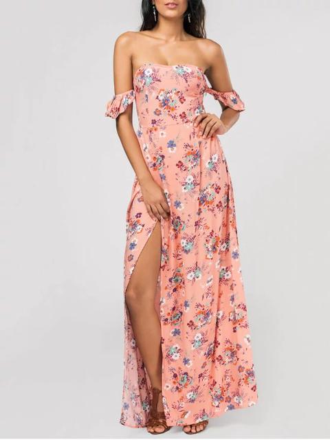 Floral Alto Slit Ruffles Maxi Vestido De Hombro Pink