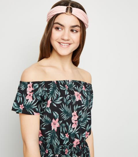 Girls Black Tropical Floral Bardot Playsuit New Look