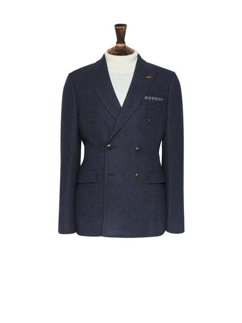 Navy Double Breasted Check Blazer