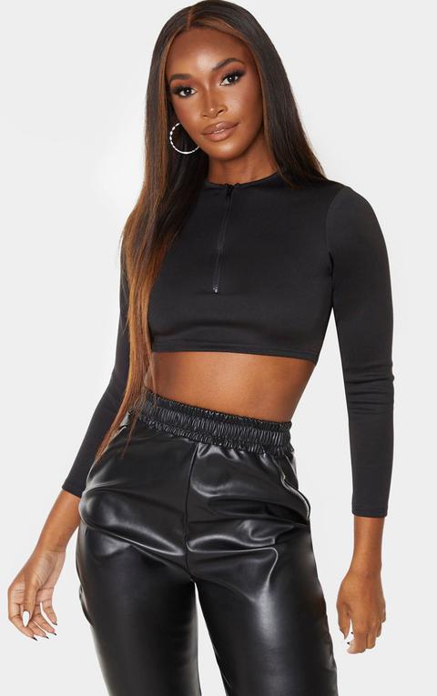 Black Bonded Scuba Zip Long Sleeve Crop Top