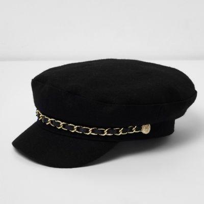 Girls Black Chain Trim Baker Boy Hat