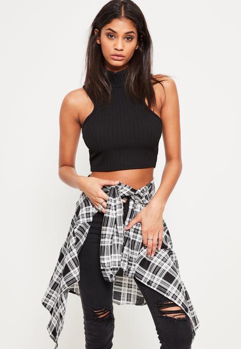 Black High Neck Ribbed Crop Top