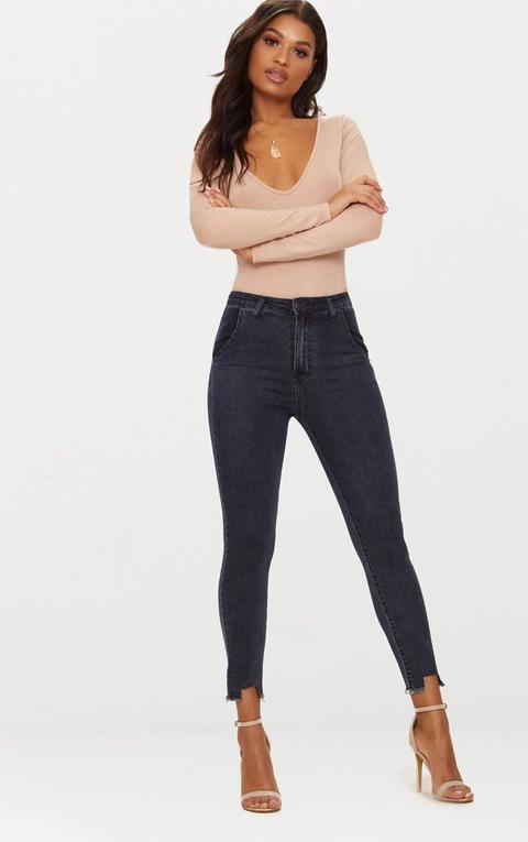 Washed Indigo Diagonal Pocket Cut Hem Skinny Jean