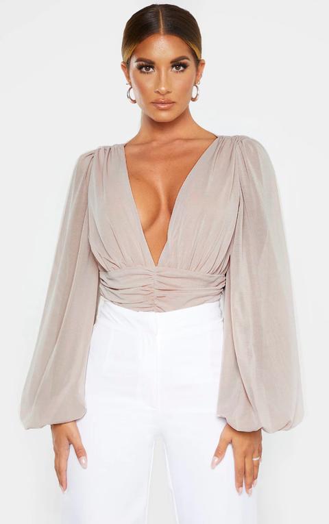 Nude Mesh Ruched Waistband Bodysuit
