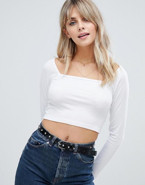 Asos Design - Top Corto A Maniche Lunghe Con Scollo Quadrato Bianco - Bianco