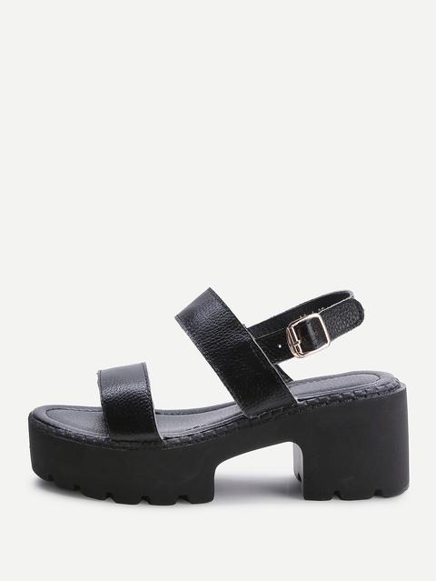 Sandalias Pu Con Plataforma Y Tiras - Negro