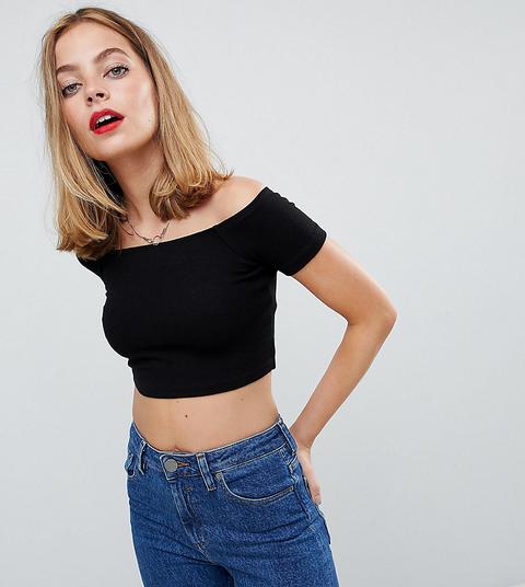 Asos Design Petite - Top Corto A Coste Con Spalle Scoperte - Nero