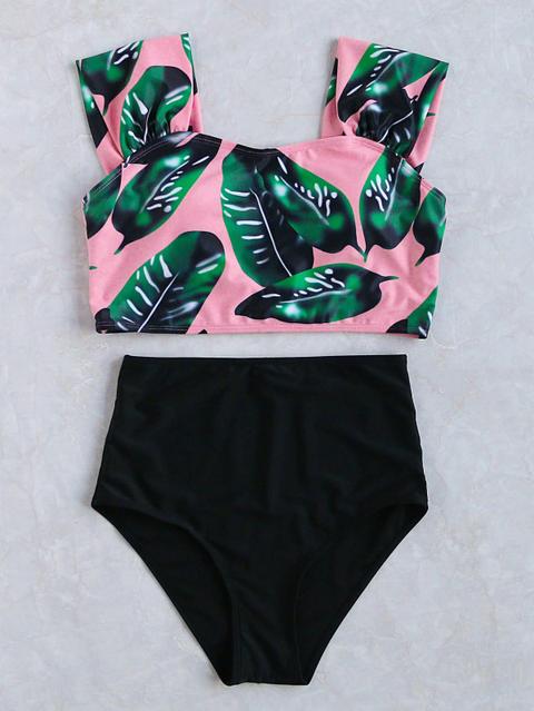 Set Tankini Con Estampado De Hoja De Cintura Alta - Negro