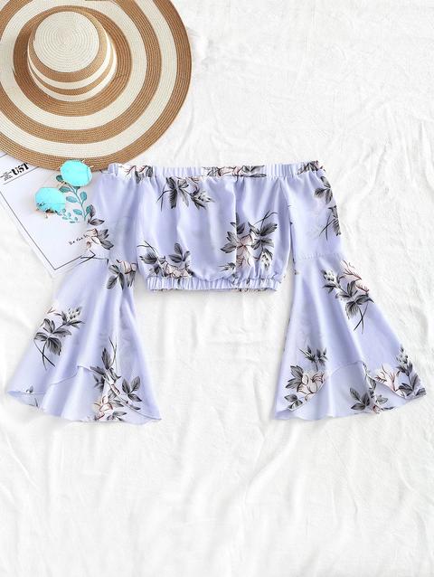 Top Corto A Fiori Con Spalle Scoperte Light Blue