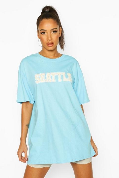 Womens Oversized Seattle Slogan Tee - Blue - S, Blue