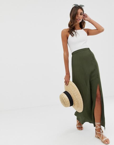 Asos Design - Gonna Lunga In Tessuto Stropicciato Con Bottoni Rivestiti - Verde