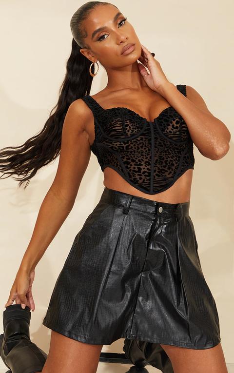 Black Mesh Flock Cup Detail Boned Dip Hem Corset