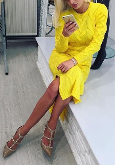 Yellow Plain Side Silt Round Neck Long Sleeve Midi Dress