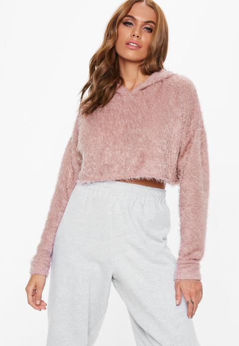 Petite Pink Fluffy Hooded Cropped Sweater