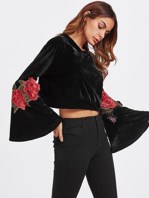 Bell Sleeve Rose Embroidered Applique Velvet Top