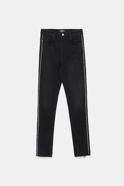Jeans Super Skinny A Vita Alta Con Strisce Laterali In Strass