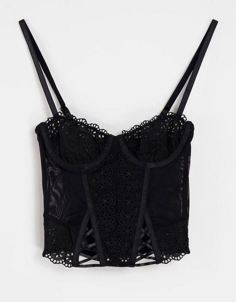 Asos Design Broderie Corset With Lace Up In Black