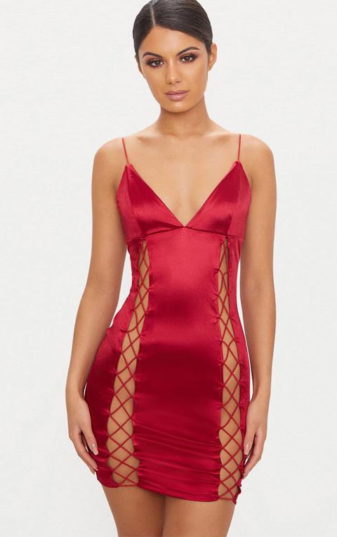 Dark Red Strappy Plunge Lace Up Satin Bodycon Dress, Dark Red