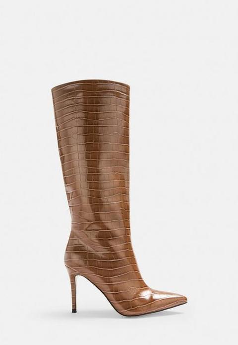 Tan Croc Effect Knee High Boots, Tan