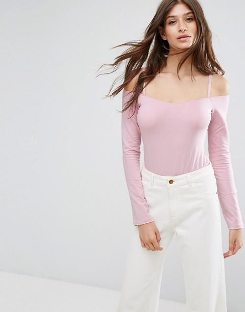 Asos - Body A Maniche Lunghe Con Spalle Scoperte E Spalline Sottili - Rosa